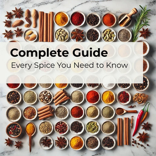 Banner with the article title on top of all the spices in small bowls