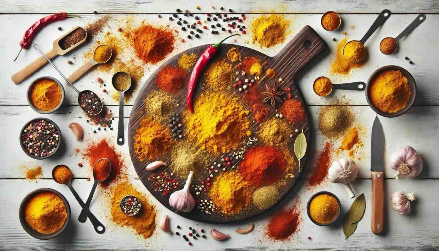 Cutting board with paprika powder, turmeric powder, garlic and peppercorns on a rustic wooden table