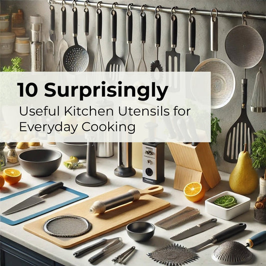 banner with a set of kitchen utensils and tools on a countertop and hanging